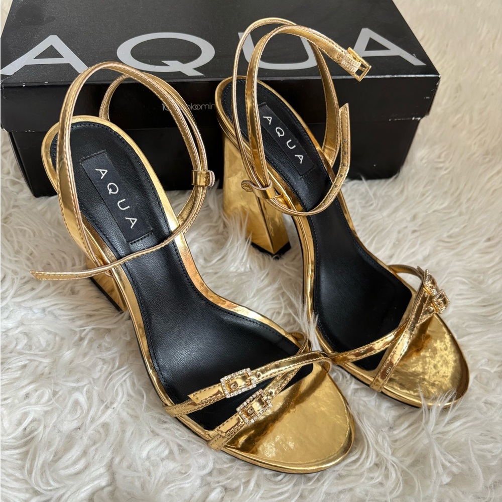 Gold Bloomingdales Aqua Strappy Buckle Heels